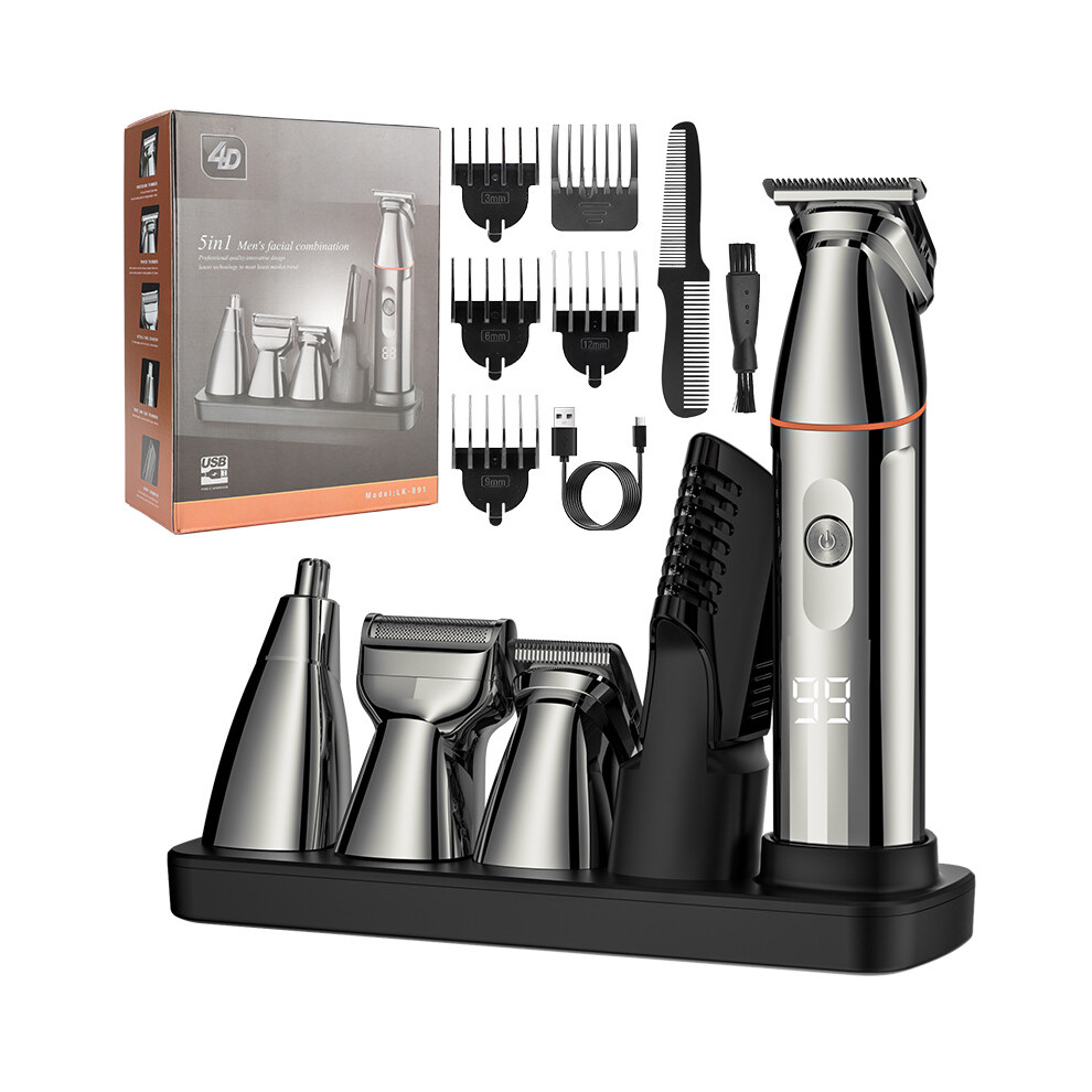 (USB model, All silver) Waterproof electric shaver for home men's hair clipper multi-function electric push-scissor nose hair set