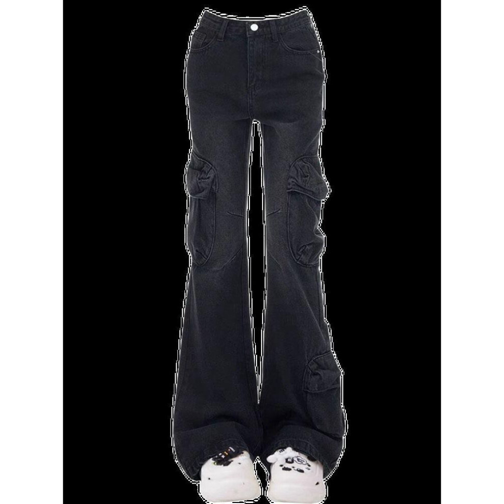 (black,gray, L) Women's High-waisted Black & Gray Flared Denim Overalls - National Trend, American Style, Large Size, Slimming Horseshoe Fit.