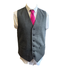 Grey Herringbone Design Modern Fit Tweed Waistcoat - Medium