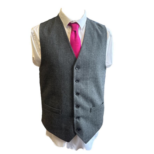Grey Herringbone Design Modern Fit Tweed Waistcoat - Medium