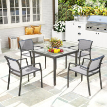 Outsunny 5-Piece Grey Garden Dining Set with 4 Stackable Armchairs, Square Table, Texteline Seats (84G-551V00GY)