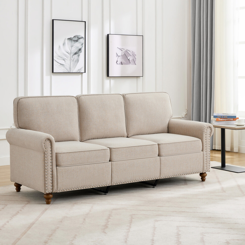 3 Seater Studded Couch Linen Fabric Settee living room, office Beige