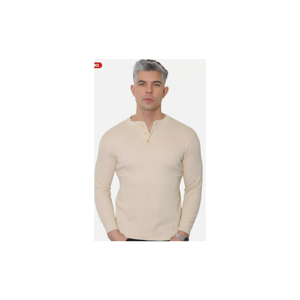 (Beige, Medium) Henley Long Sleeve T-Shirt Grandad Neck 2208A