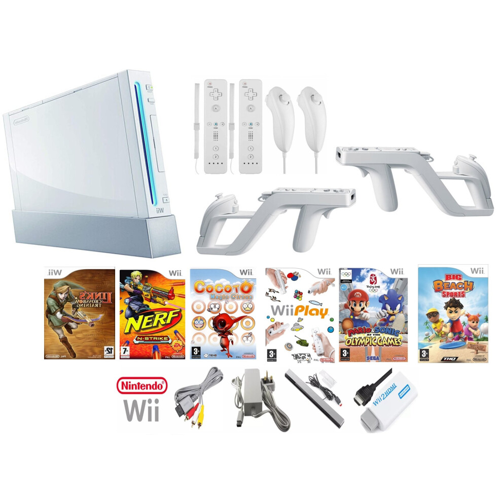 Nintendo Wii 2 Remotes 2 Nunchuk & Zapper Guns Nerf Crossbow Trainer Cocoto Mario Play Beach Sports