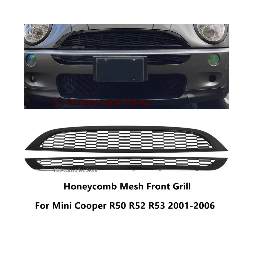 (Glossy ) 2Pcs Glossy Front Upper & Lower Honeycomb Mesh Front Grill Grille For Mini Cooper R50 R52 R53 2001-2006 51137026202 Black 9160443691904