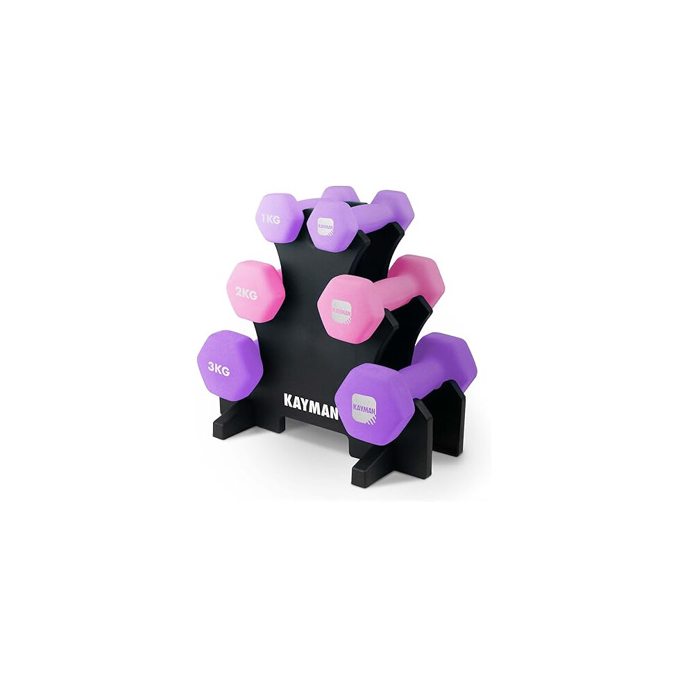 (Pink, Set of 12 KG (Pair of 1Kg +2Kg + 3Kg) with stand) KAYMAN Neoprene Dumbbells with Anti-Slip Grip,Hex Edges and with stand ,Water-Resistant Surface & Workout Poster-Weight Set for Home, Gym & Fitness