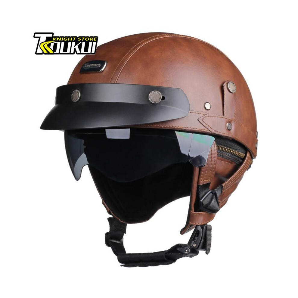 (L, 537-) Retro Motorcycle Helmet Dot Approved German Vintage Casco Moto Helmet Capacete De Moto With Windshield Visors Scooter Brown 8130375967737