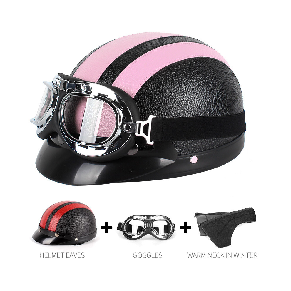 (Pink) Retro Leather Motorbike Helmet Motorcycle Riding Vintage Cruiser Touring Half Helmets Moto Bicycle Scooter Skating Pink 8130375853726