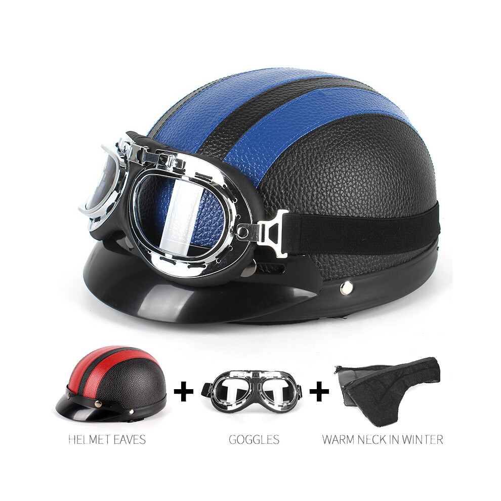 (Blue) Retro Leather Motorbike Helmet Motorcycle Riding Vintage Cruiser Touring Half Helmets Moto Bicycle Scooter Skating Blue 8130375853757