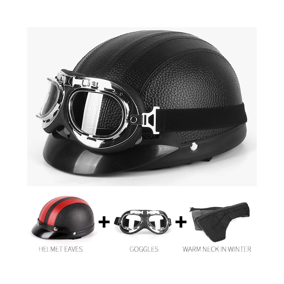 (Black) Retro Leather Motorbike Helmet Motorcycle Riding Vintage Cruiser Touring Half Helmets Moto Bicycle Scooter Skating Black 8130375853740