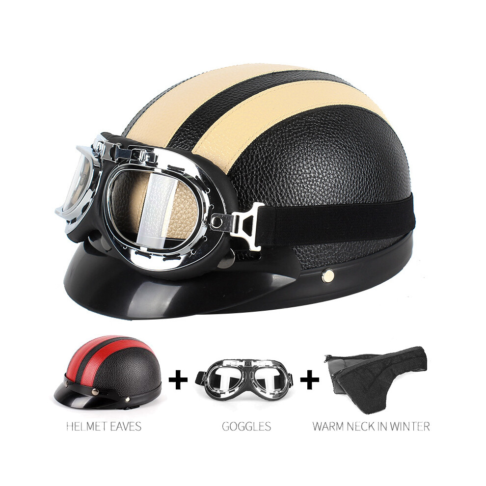 (Yellow) Retro Leather Motorbike Helmet Motorcycle Riding Vintage Cruiser Touring Half Helmets Moto Bicycle Scooter Skating Yellow 8130375853719
