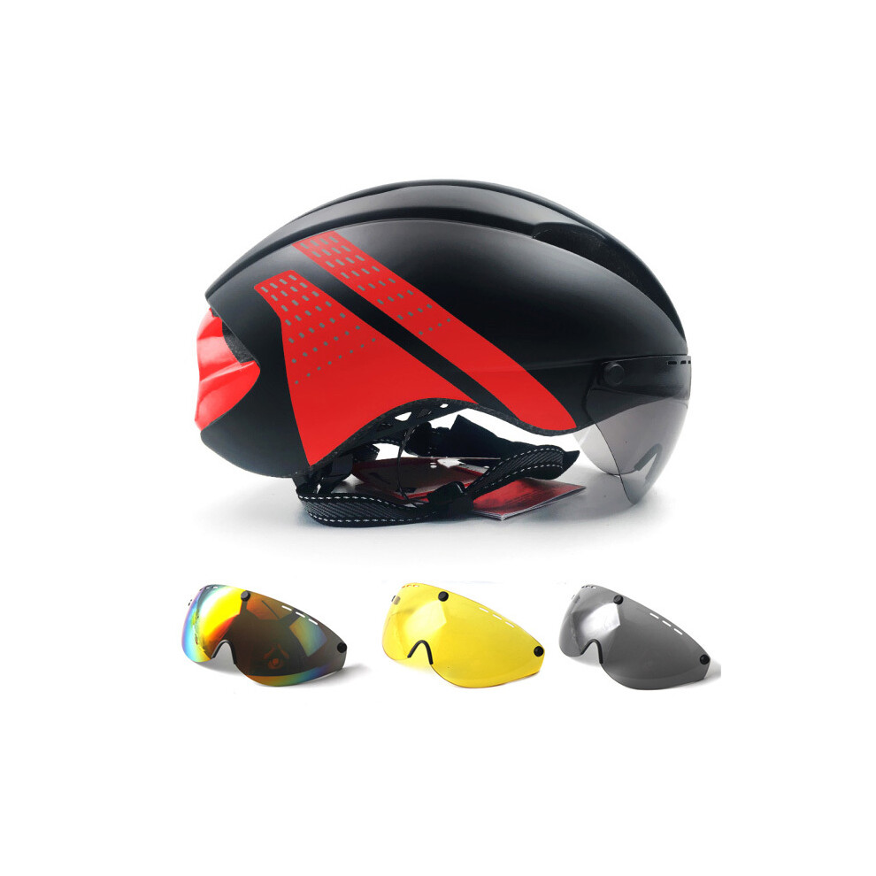(L 57-61cm, black red 3lnes) Aero Helmet TT Time Trial Bicycle Helmets For Women Men Goggles Race Road Bike Helmet With Lens Outdoor Cycling Safety-image-OPC-PGD7X7H-NEW