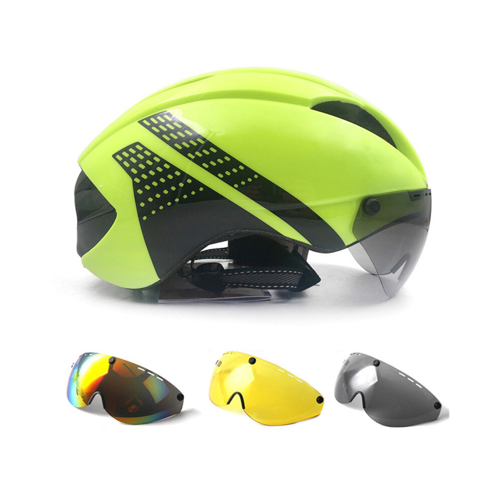 (L 57-61cm, green black 3lens) Aero Helmet TT Time Trial Bicycle Helmets For Women Men Goggles Race Road Bike Helmet With Lens Outdoor Cycling Safety-image-OPC-PGD7X7K-NEW