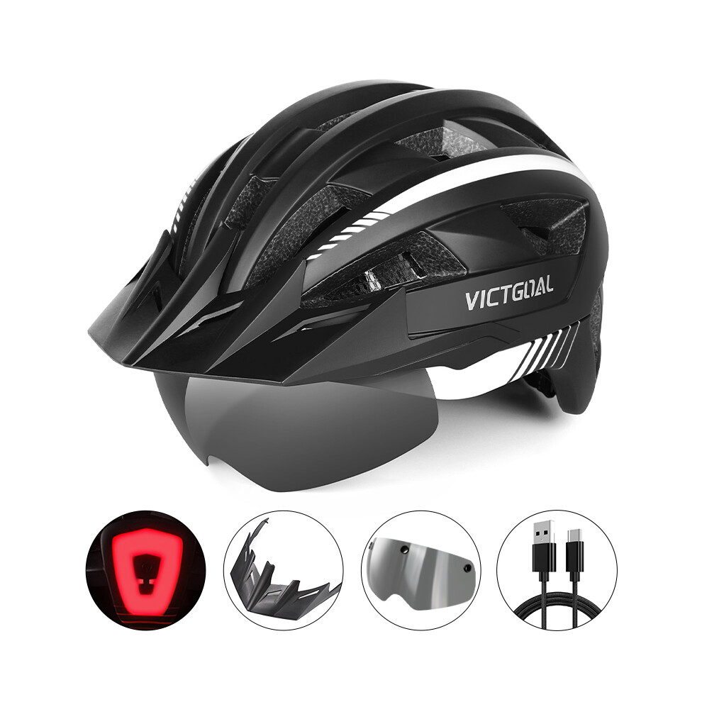 (M -54-58cm, Upgrade BlackWhite) MTB Road Bike Helmet for Men Women Visor Goggles LED Rear Light Mountain Bicycle Helmet Adults Racing Cycling Helmets-image-OPC-PGD7XZ8-NEW