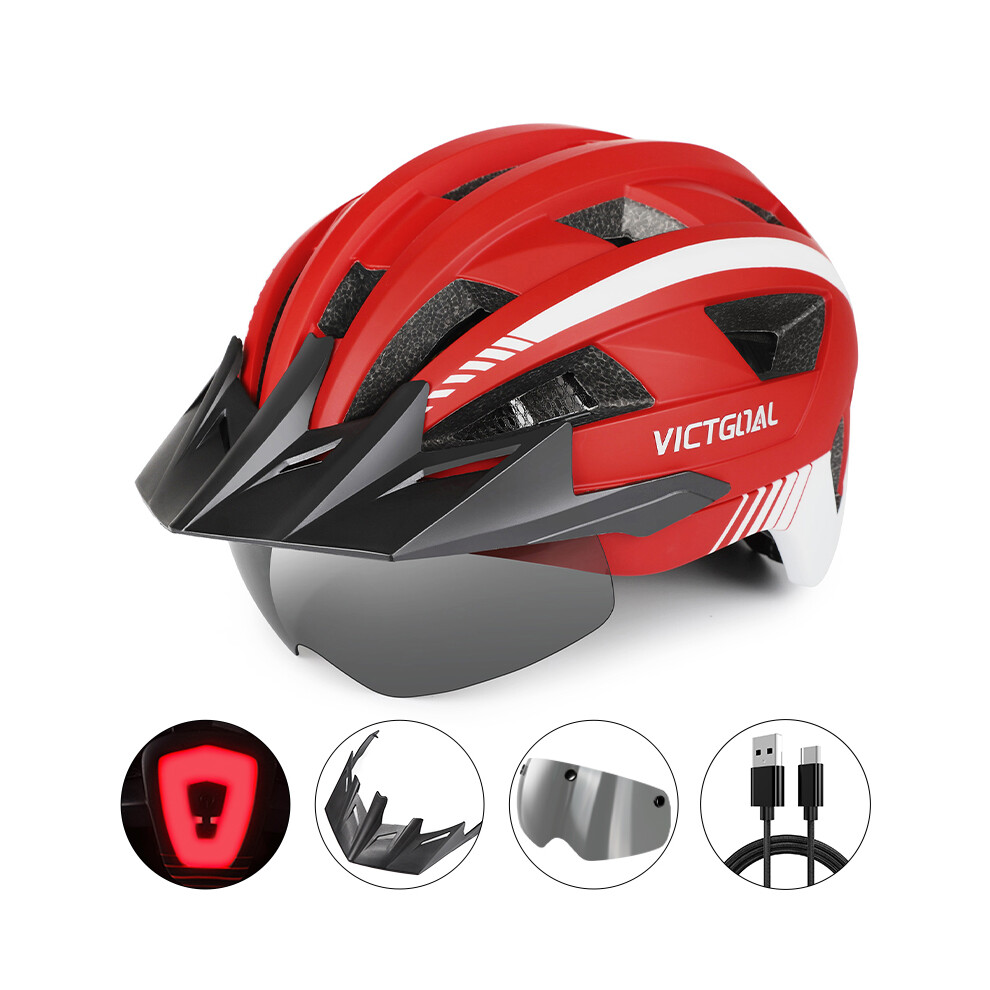 (XL -59-63cm, Upgrade Red) MTB Road Bike Helmet for Men Women Visor Goggles LED Rear Light Mountain Bicycle Helmet Adults Racing Cycling Helmets-image-OPC-PGD7Y2G-NEW