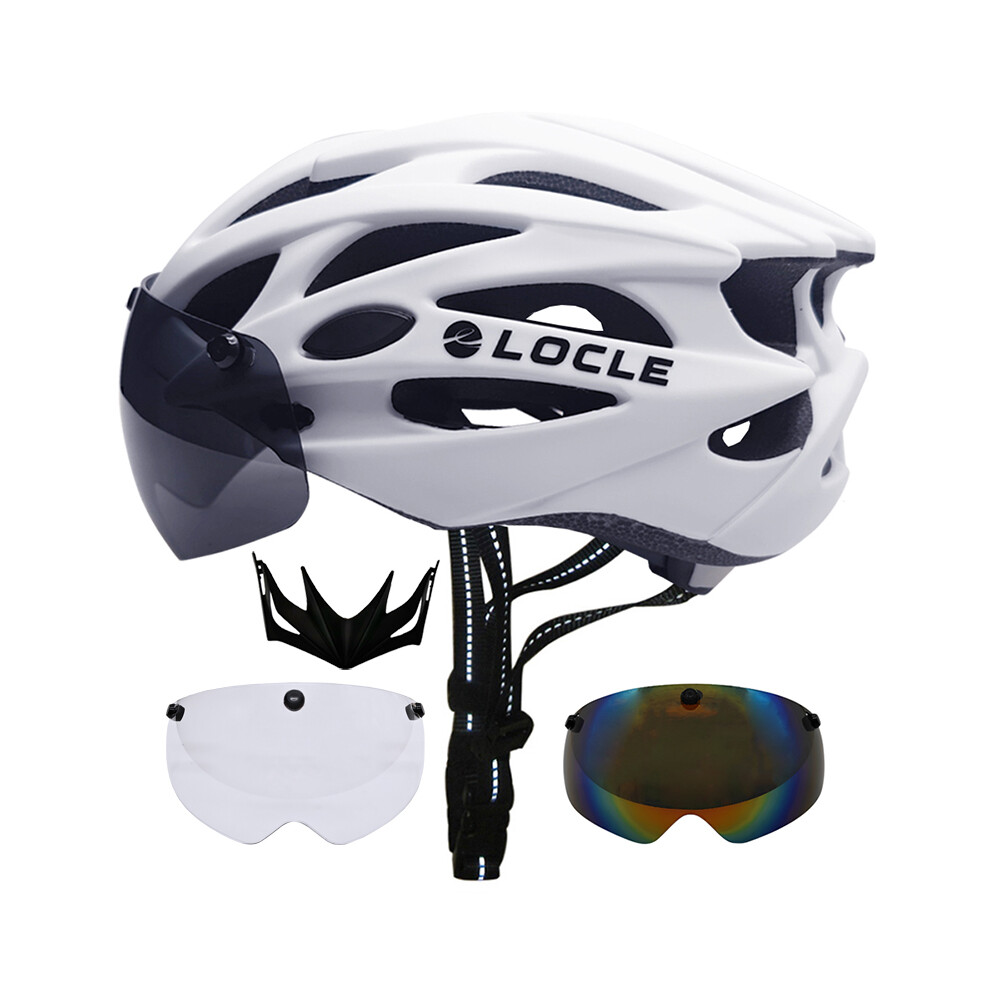 (L -58-61cm, White with 3 Lenses) Magnetic Goggles Cycling Helmet Men Women Bicycle Helmet Lenses MTB Bike Helmet Road Mountain Helmet Removable Sunvi-image-OPC-PGD7YD8-NEW