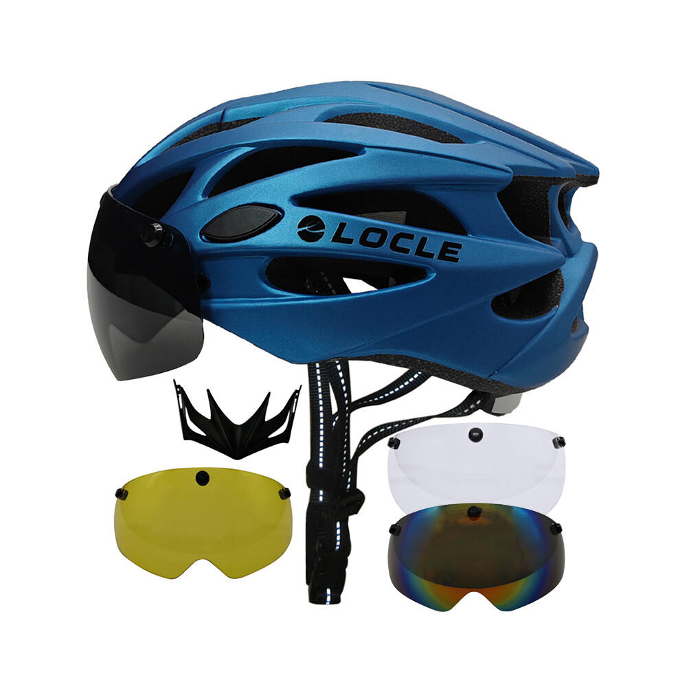 (M -55-58cm, Blue with 4 Lenses) Magnetic Goggles Cycling Helmet Men Women Bicycle Helmet Lenses MTB Bike Helmet Road Mountain Helmet Removable Sunvis-image-OPC-PGD7YDQ-NEW