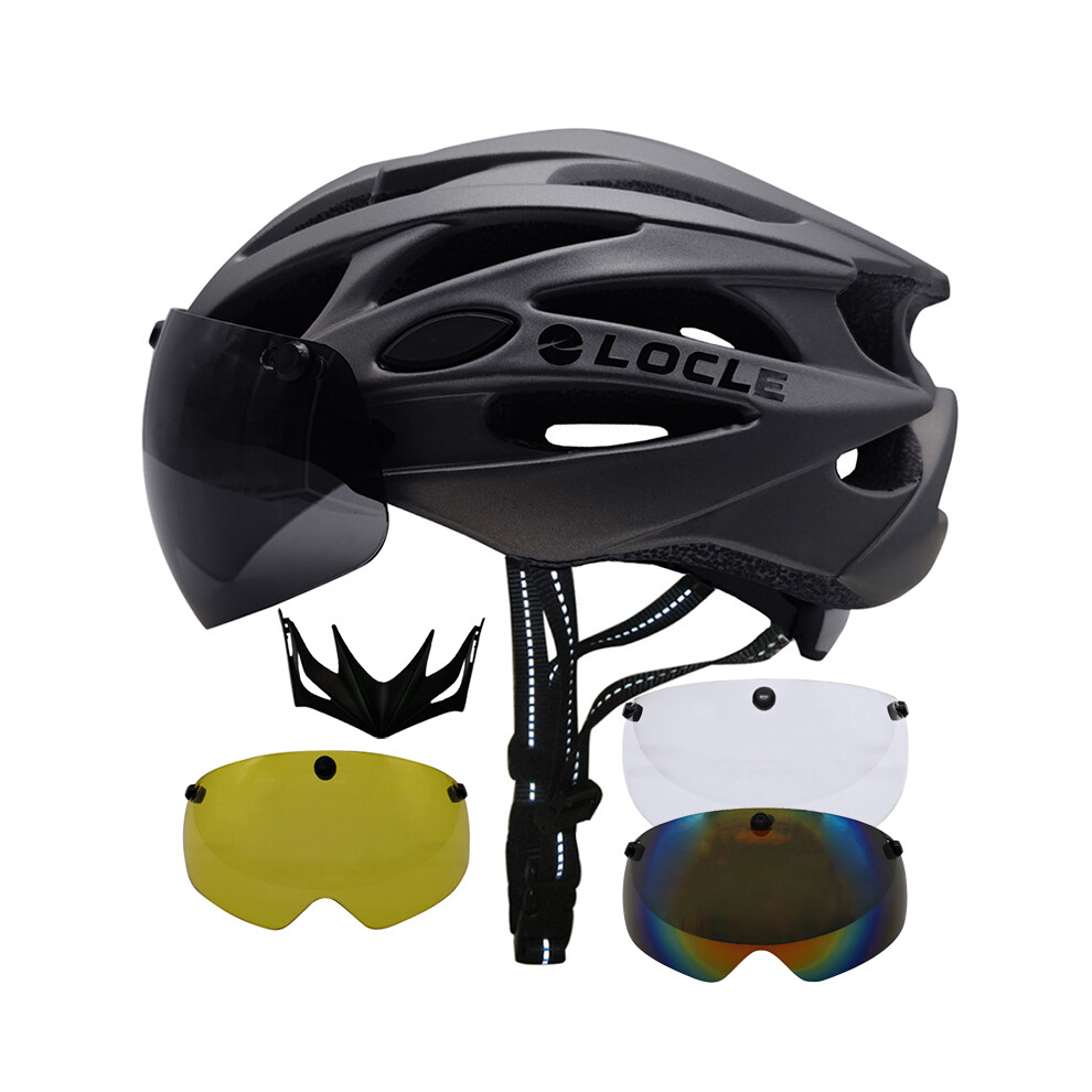 (M -55-58cm, Gray with 4 Lenses) Magnetic Goggles Cycling Helmet Men Women Bicycle Helmet Lenses MTB Bike Helmet Road Mountain Helmet Removable Sunvis-image-OPC-PGD7YDW-NEW