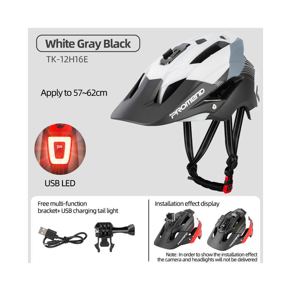 (CHINA, White) PROMEND MTB Bike Downhill Helmet LED Lights gopro Camera Holder Road Cycling Helmet Outdoor Sport Riding Bicycle Helmet-image-OPC-PGD7Z9Y-NEW