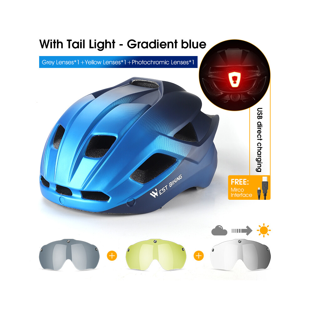 (A 3 Lenses Blue) Cycling Helmet With LED Light Goggles Pochromic Lens Bicycle Helmet Men Safe Cap MTB Road Bike Motorcycle Helmet-image-OPC-PGD829D-NEW
