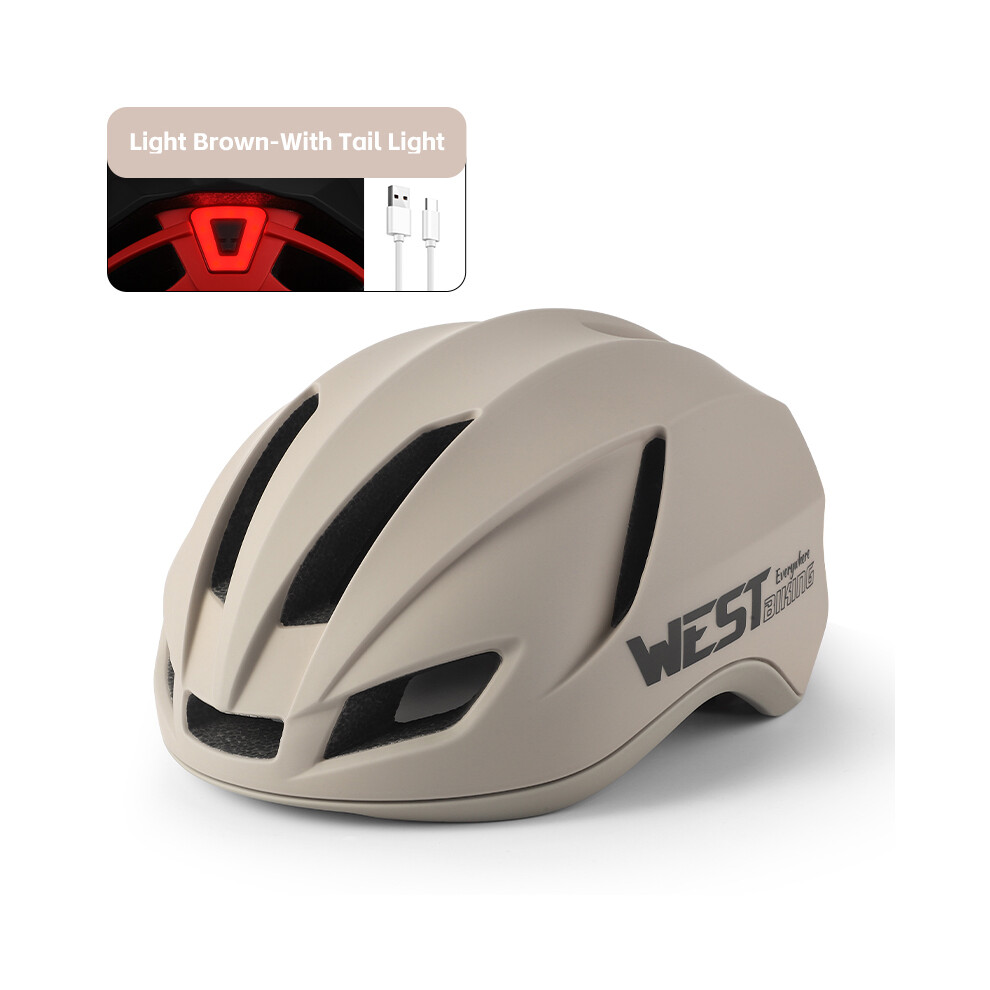 (Light Brown Lights) Lightweight Men Aero Helmet Female Khaki Helmet MTB Road Bike Electric Scooter Couple's Helmet With Rear LED Lights-image-OPC-PGD89RS-NEW