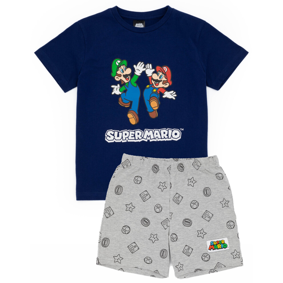 (Blue, 9-10 Years) Super Mario Pyjamas Boys Shorts | Nintendo Kids Blue OR Red Short PJs | Luigi Mario T Shirt & Bottoms Nightwear Game Merchandise
