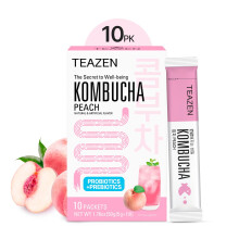 Teazen Kombucha Tea, Zero Sugar, Sparkling Fermented Powdered Mix Beverage from Korea, Live Probiotics & Prebiotics, 10 Sticks, 1.76oz (Peach)