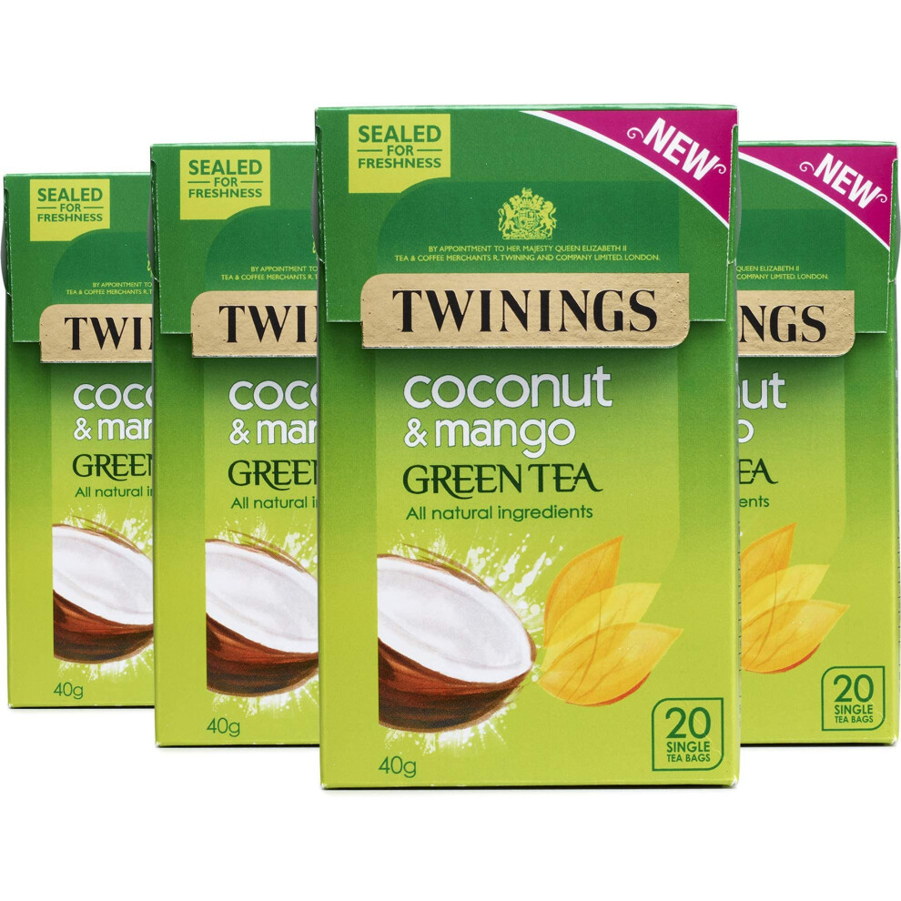 Twinings Green Tea, Coconut & Mango 80 Tea Bags (Multipack of 4 x 20 Tea Bags)