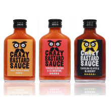 Crazy B Sauce - Sample set of 3 chili sauces with the worlds hottest peppers - Ghost Pepper & Mango, Trinidad Scorpion & Clementine, Carolina Reaper &
