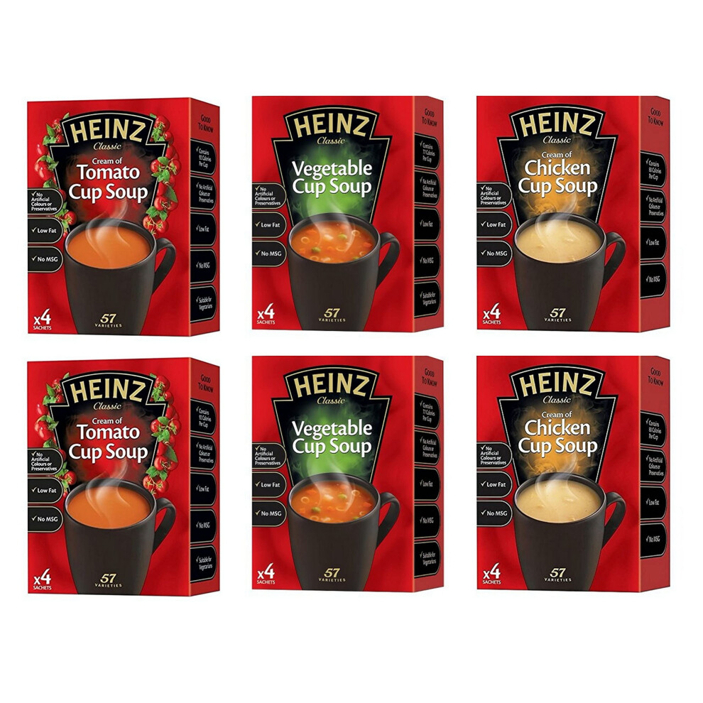 Heinz Cup Soup Variety Bundle 6 Boxes Tomato, Chicken & Vegetable Flavours 2 Packs x 4 Sachets of Each Instant Broth. Exclusive Kingdom Supplies