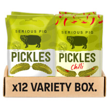 Serious Pig Snacking Pickles Selection Box, Crunchy Baby Gherkins Chilli and Original Flavours, Healthy Snacks (12x 40g)