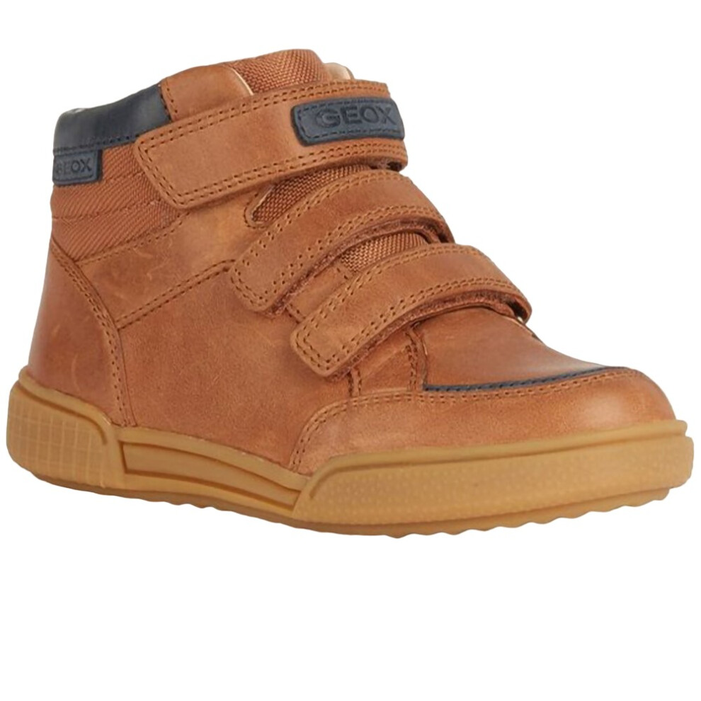 (3 UK, Cognac/Blue) Geox Boys Waxed Leather Trainers