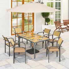 Outsunny 6-Seater Garden Table with Wood-Effect Steel Top, Umbrella Hole Φ43-50mm, 150L x 90W x 72H cm, 70 kg, 84G-700V00YL