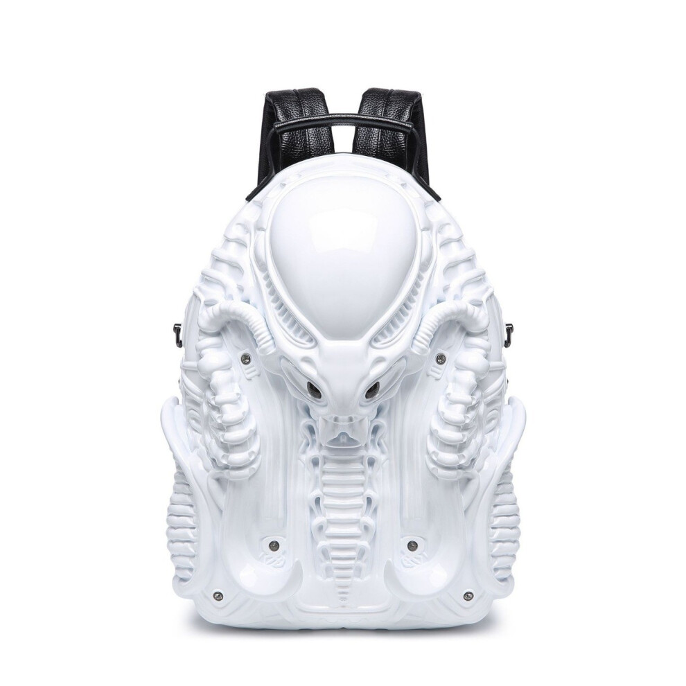 (White, Length 27cm, width 10cm, height 37cm) Fashionable unique shape backpack personalized iron warrior street punk style men and women universal backpack