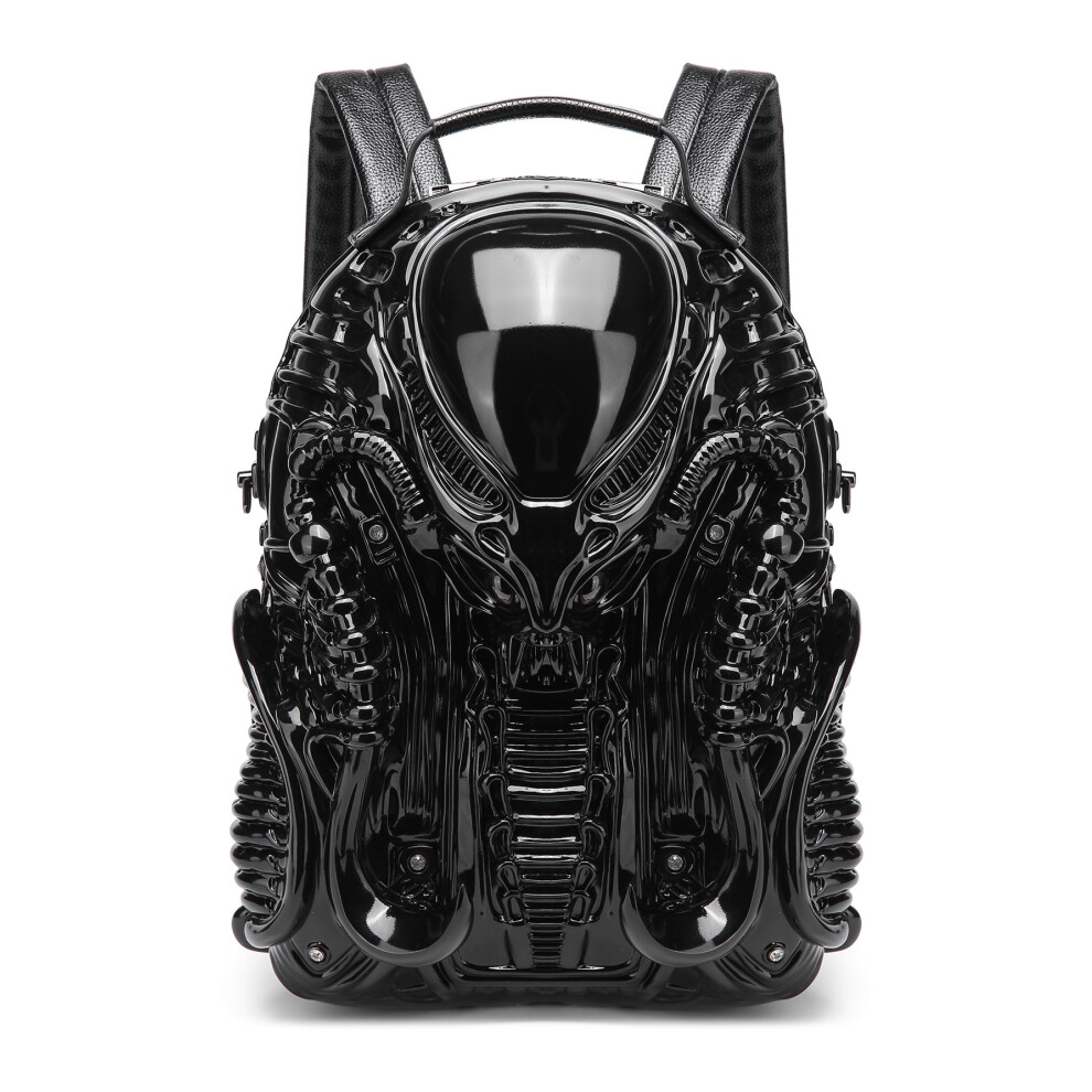 (Black, Length 27cm, width 10cm, height 37cm) Fashionable unique shape backpack personalized iron warrior street punk style men and women universal backpack