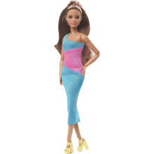 Barbie Looks Puppe mit braunem Haar, gekleidet in ein One-Shoulder-Midikleid in Rosa und Blau, beweglich gemacht, um den Krper zu bewegen