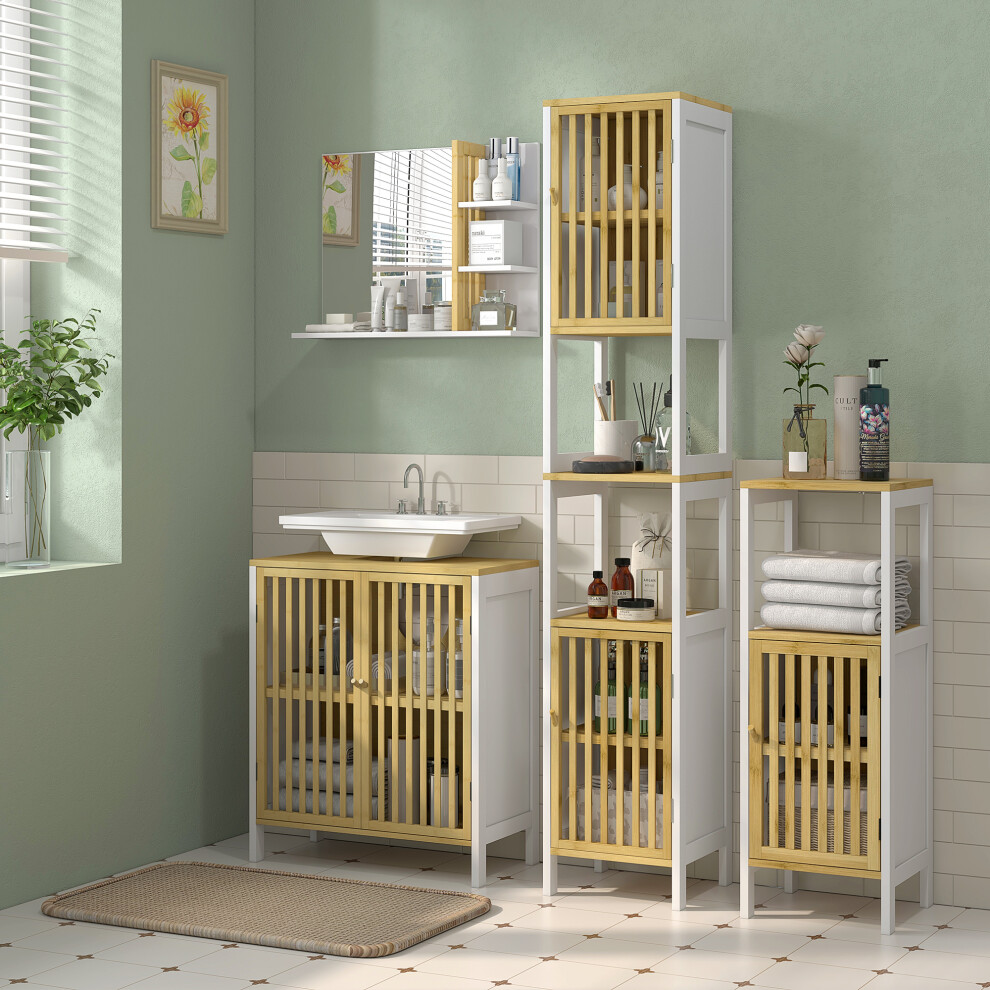 HOMCOM Bathroom Floor Cabinet Bamboo Bathroom Cupboard with Adjustable Shelf