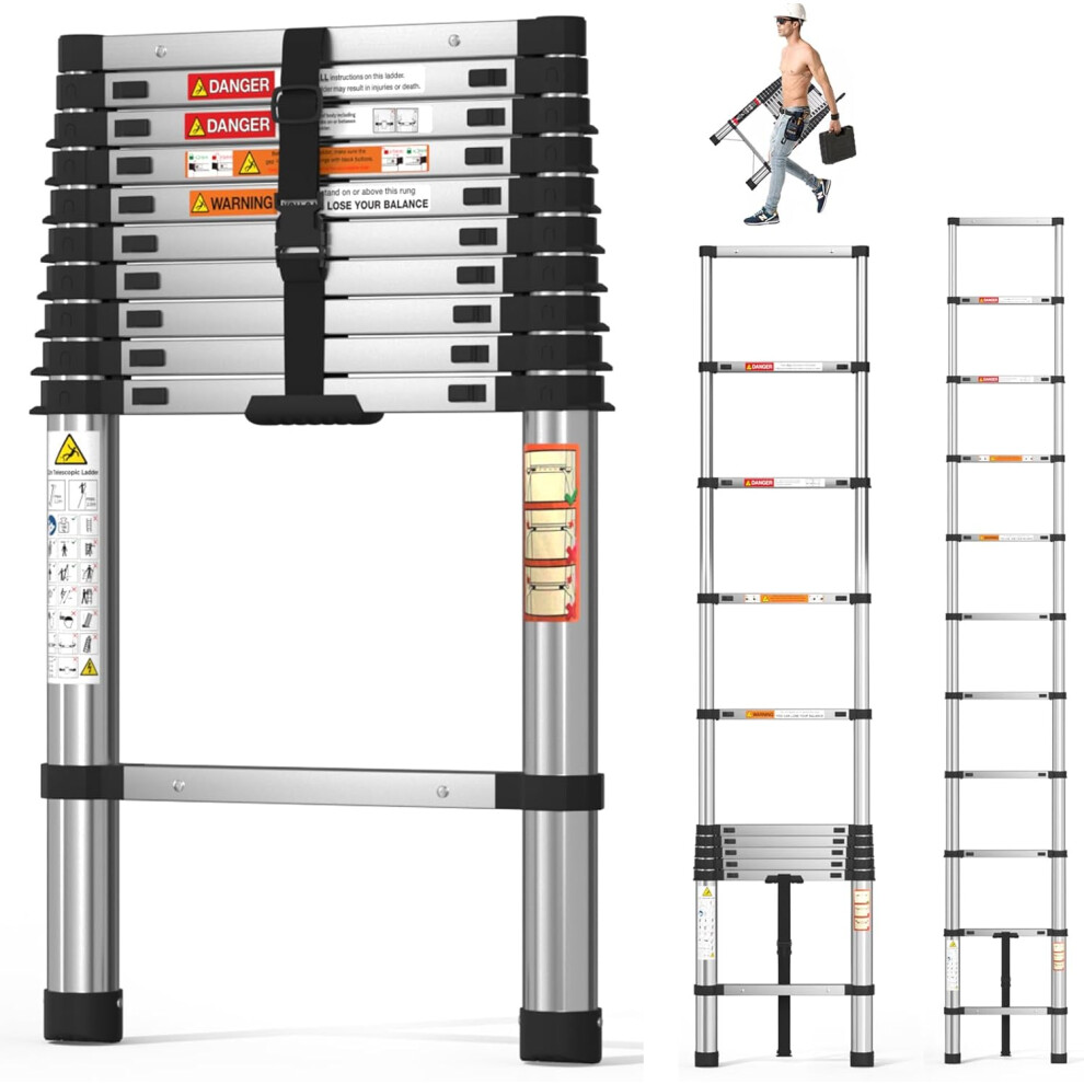 Telescopic Loft Ladder Collapsible Step Ladders Securing Bolt 3.2m/10.5Ft 3.2M EN131 11 Steps Extension Ladder DIY Multi Purpose
