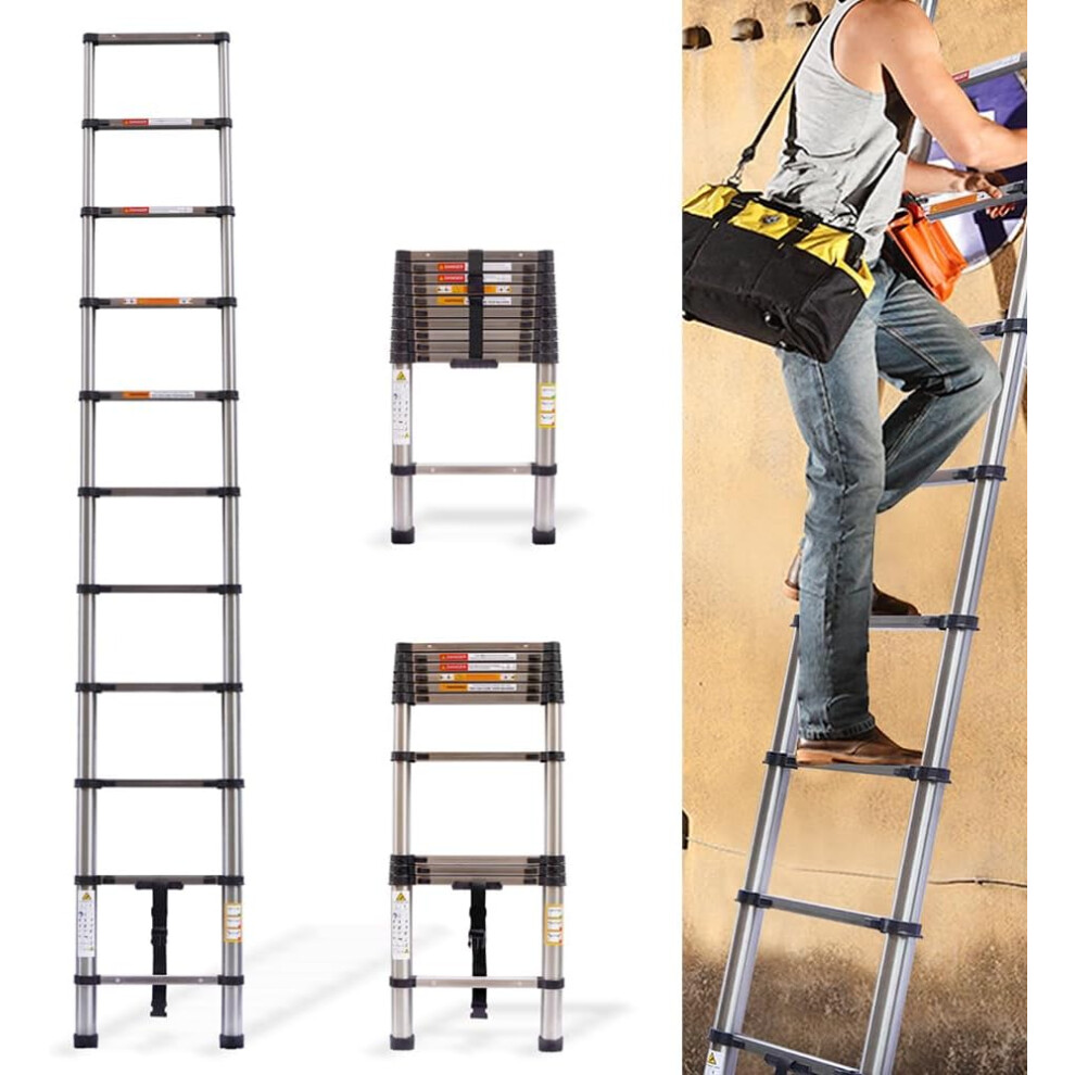 3.2m Thickened Telescopic Ladder Extendable Ladder Stainless Steel Telescoping Ladder Step Ladders 330lbs Capacity, Stronger than Aluminum Ladder