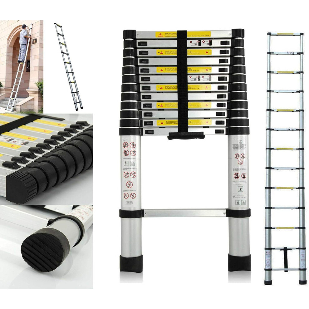 Extension Ladders 12.5FT Stainless Steel Telescopic Folding Portable Extendable Ladder 3.8M for Home or Office Use, Cleaning, Maintenance, Decoration