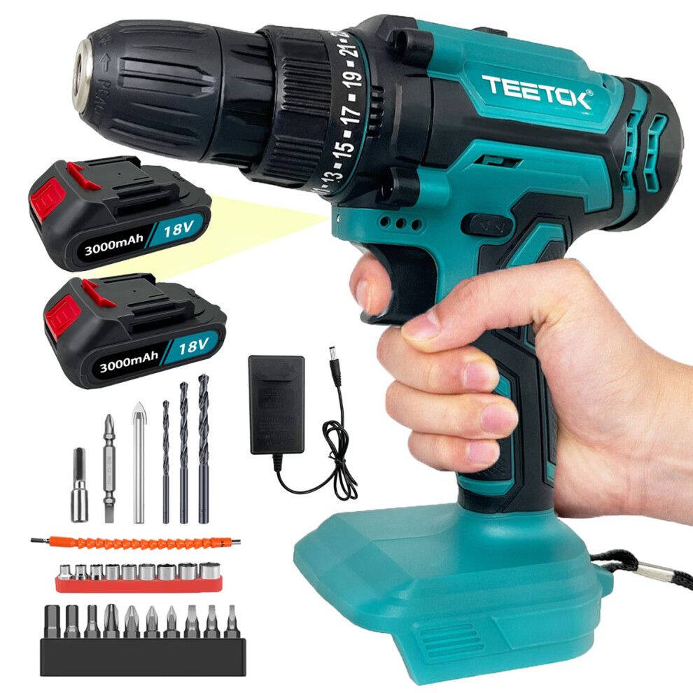 21V Cordless Screwdriver Combi Drill Driver 50Nm+3.0A 2Battery-Makita Compatible