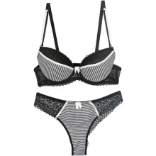 (36B, Black) Women Lace Bra and Panty Set Stripes Lingerie Set Bowknot Underwire Bras