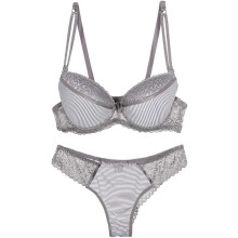 (38B, Grey) Women Lace Bra and Panty Set Stripes Lingerie Set Bowknot Underwire Bras