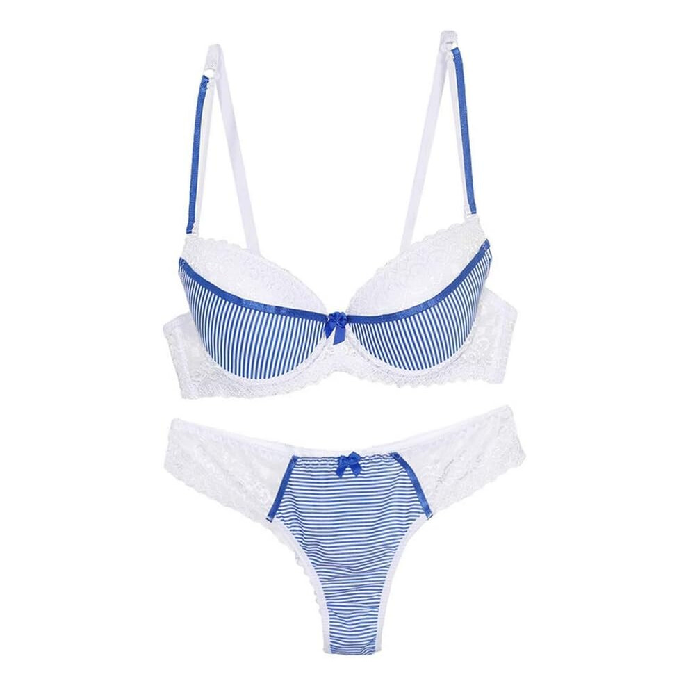 (42D, Blue) Women Lace Bra and Panty Set Stripes Lingerie Set Bowknot Underwire Bras-image-OPC-PGDCNDC-NEW
