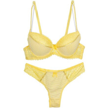 (42D, Yellow) Women Lace Bra and Panty Set Stripes Lingerie Set Bowknot Underwire Bras