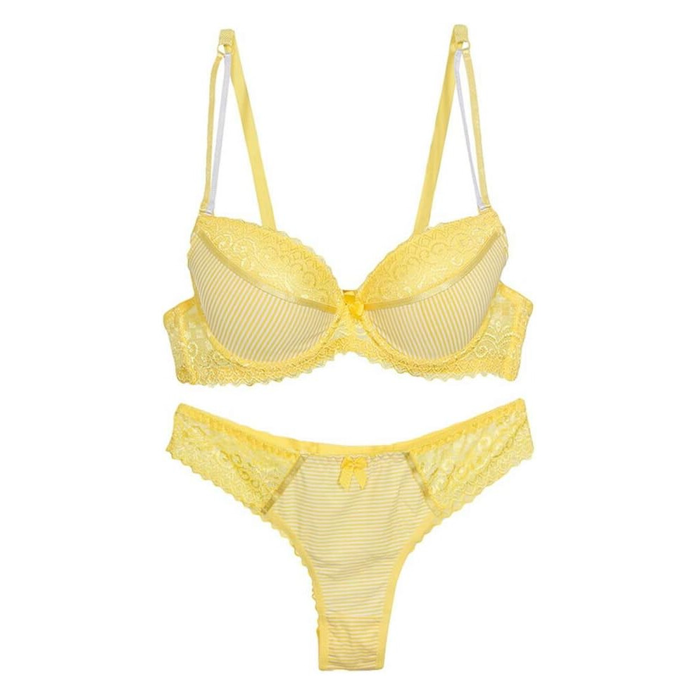 (42D, Yellow) Women Lace Bra and Panty Set Stripes Lingerie Set Bowknot Underwire Bras