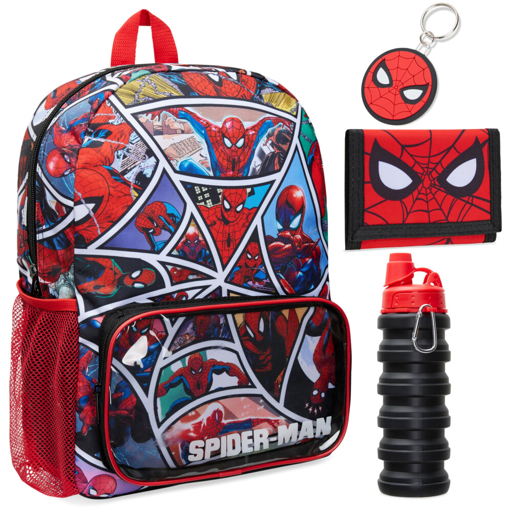 Marvel Spiderman School Bag Set - 4 Piece Backpack  Water Bottle  Wallet  Keychain - Boys Gifts