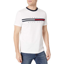 Męska koszulka z krótkim rękawem Tommy Hilfiger w paski z grafiką, jasnobiała, średnia
