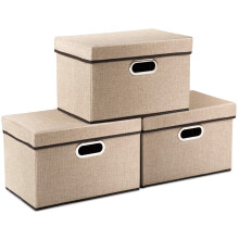 PRANDOM Collapsible Storage Cubes with Lids [3Pack] Jute Fabric Foldable Storage Boxes Organizer Containers Baskets Bins with Cover for Home Bedroom C