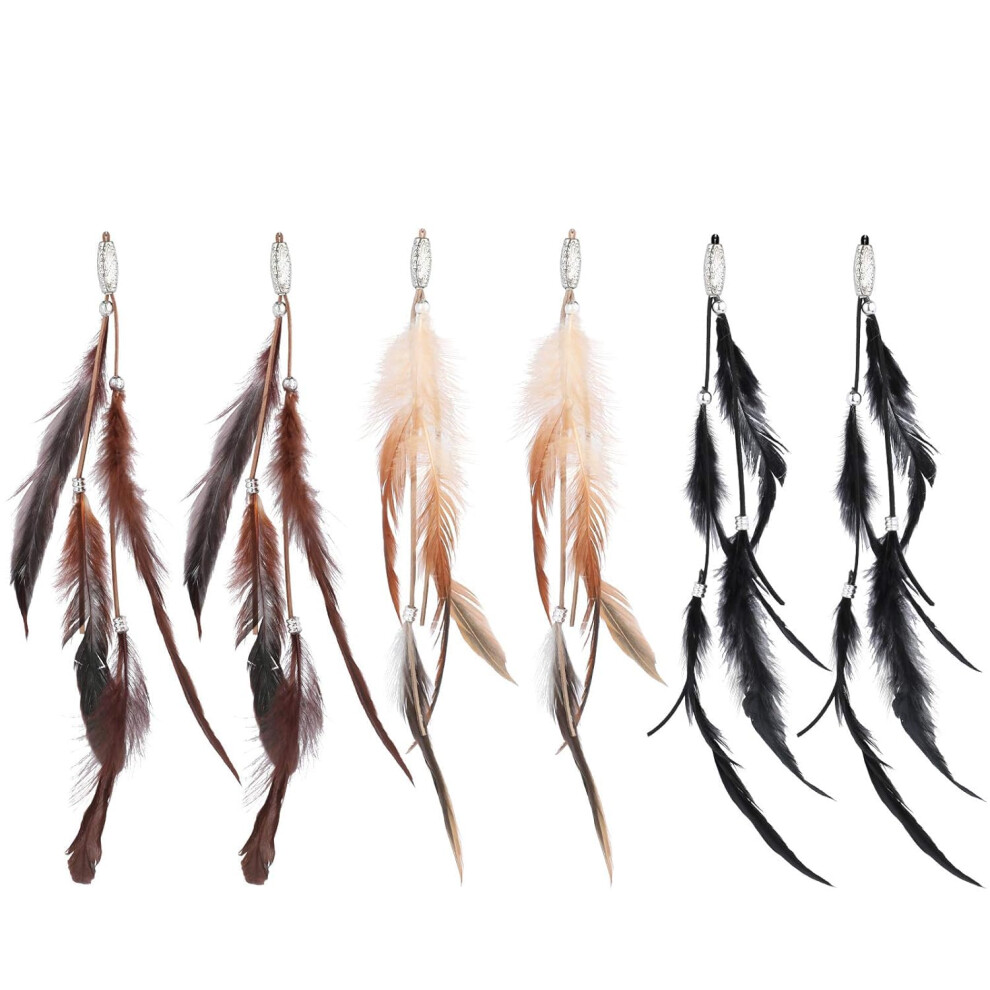 Ronrons 6 Pack Handmade Boho Hippie Hair Extensions With Feather Clip Comb Headdress Diy Accessories For Women Brown Black Khaki
